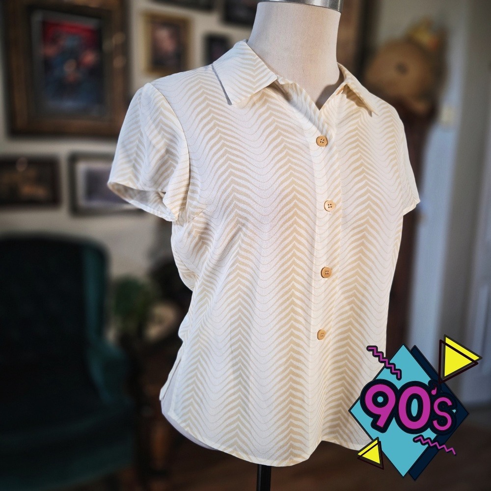 BCBG‎ Max Azria Shirt Sheer Button Blouse Vintage 90s Cream Zigzag NWT M